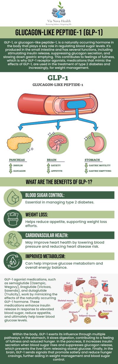 At Via Nova Health, we offer GLP-1 injections to support your medical weight loss journey. GLP-1 is a powerful hormone that helps regulate blood sugar, reduce appetite, and promote fat loss. By incorporating GLP-1 injections into a comprehensive weight loss plan, we can help you achieve sustainable results. Dr. Jeff Matz, DC, MS, and our medical team will work with you to develop a customized weight loss program that incorporates GLP-1 to enhance your success. For more information, contact us or request an appointment online.