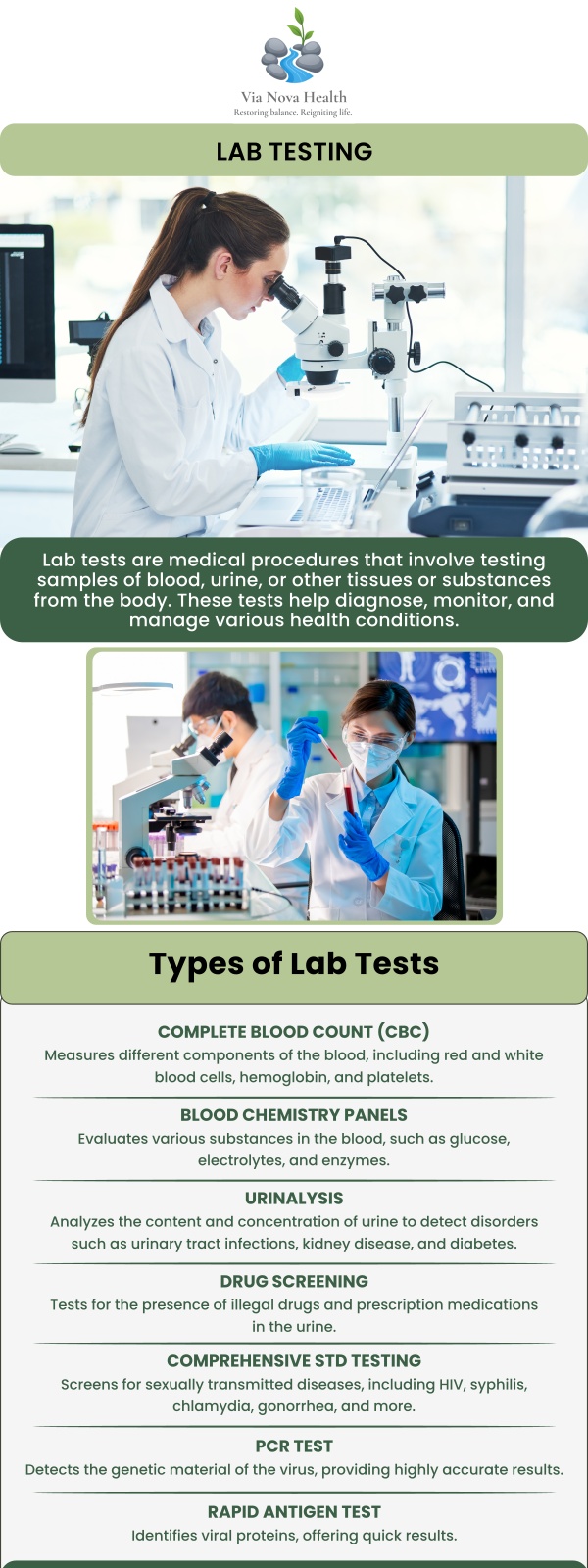 At Via Nova Health, we offer comprehensive lab testing that gives you a complete picture of your health. Under the guidance of Dr. Jeff Matz, DC, MS, our state-of-the-art labs provide detailed results that help us diagnose conditions, monitor ongoing health issues, and customize your treatment plan. Whether you're dealing with a chronic condition or want a full health check-up, our comprehensive labs allow us to deliver accurate and actionable results. For more information, contact us or request an appointment online.
