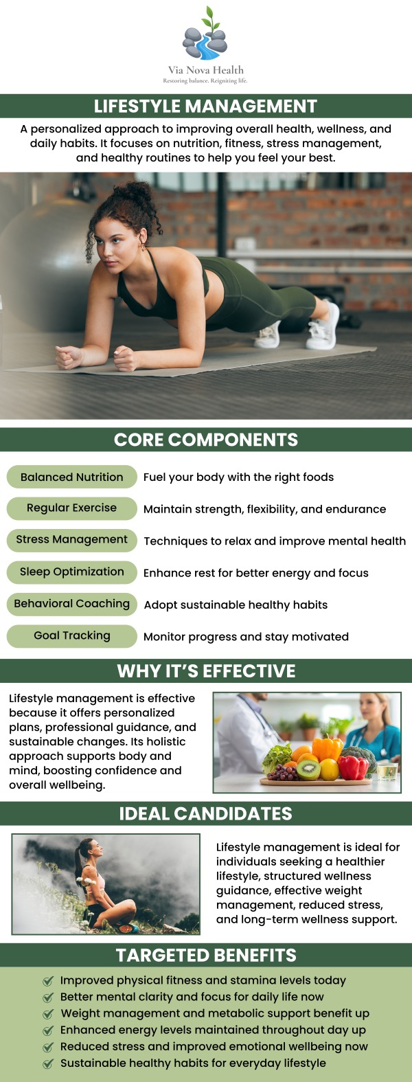 At Via Nova Health, lifestyle management is at the core of our approach to improving your health. Dr. Jeff Matz, DC, MS, and our team focus on holistic health strategies, including diet, exercise, stress management, and sleep optimization, to help you achieve lasting wellness. We work with you to develop personalized lifestyle plans that prevent chronic conditions like diabetes, heart disease, and obesity, while promoting a better quality of life. For more information, contact us or request an appointment online.